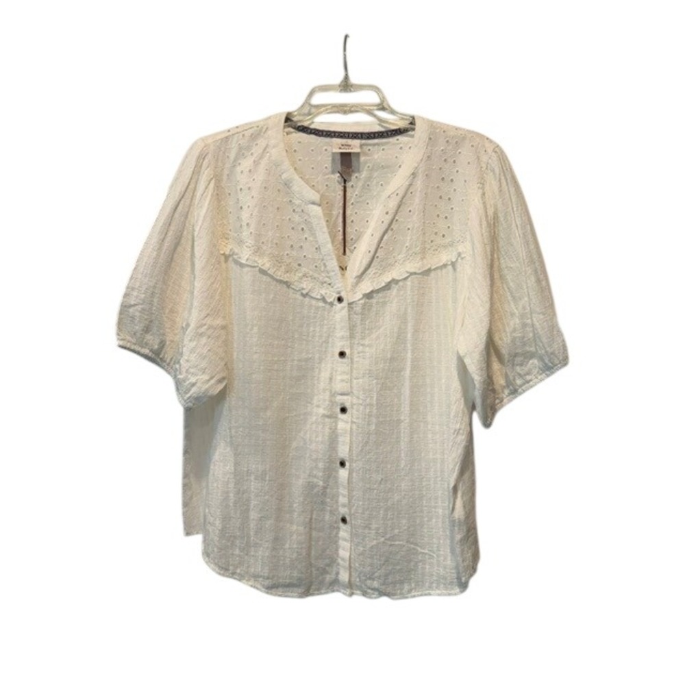 Knox Rose Womens XXL White Eyelet Lace Ruffle Button Down Cotton Blouse NWT